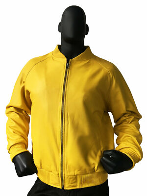 Men's Real Lambskin Yellow Bomber Jacket Baseball Varsity Style Leather Jacket