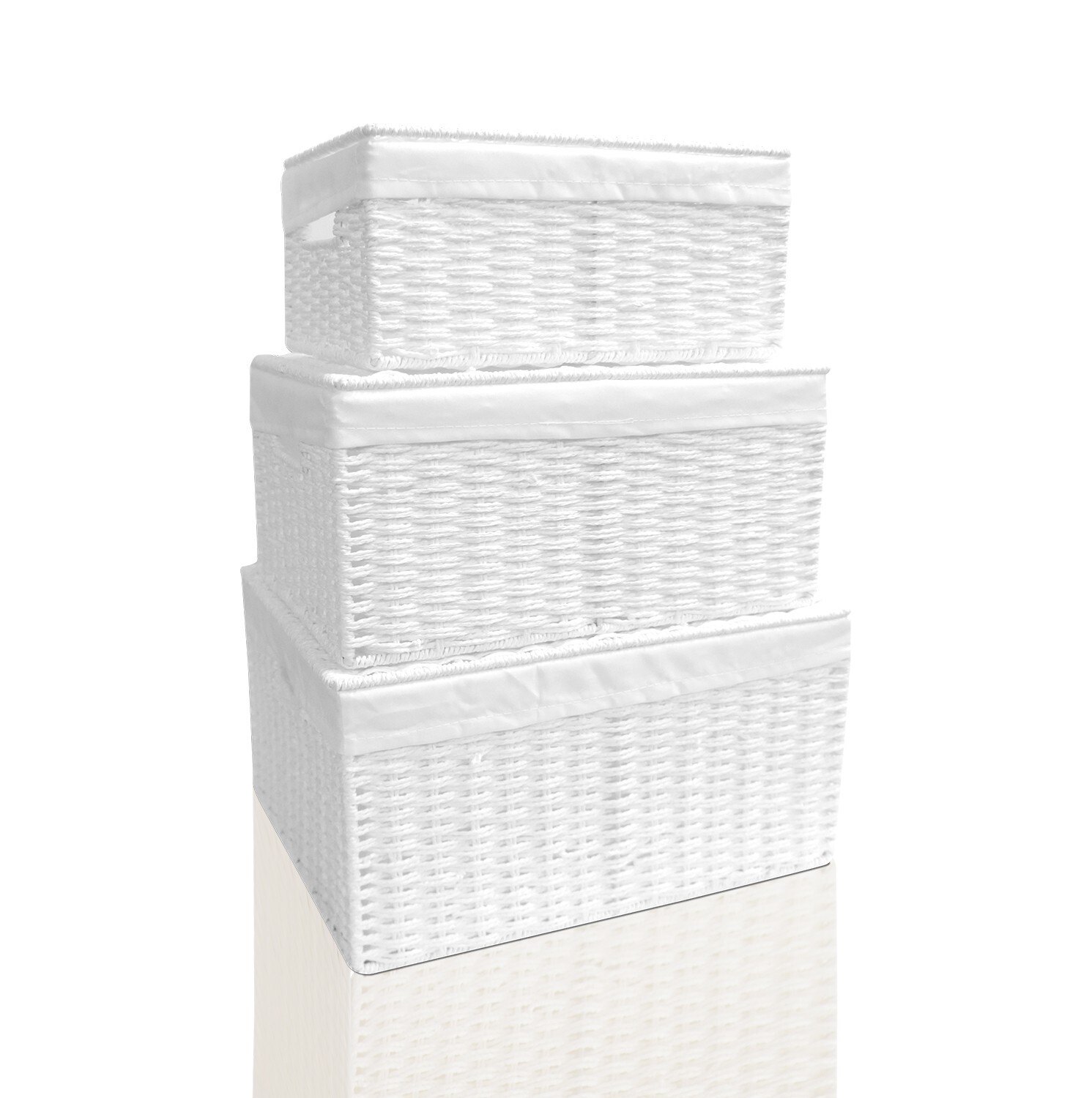 Caja de cesta de almacenamiento tejida de cuerda de papel con tapa y forro de tela blanca