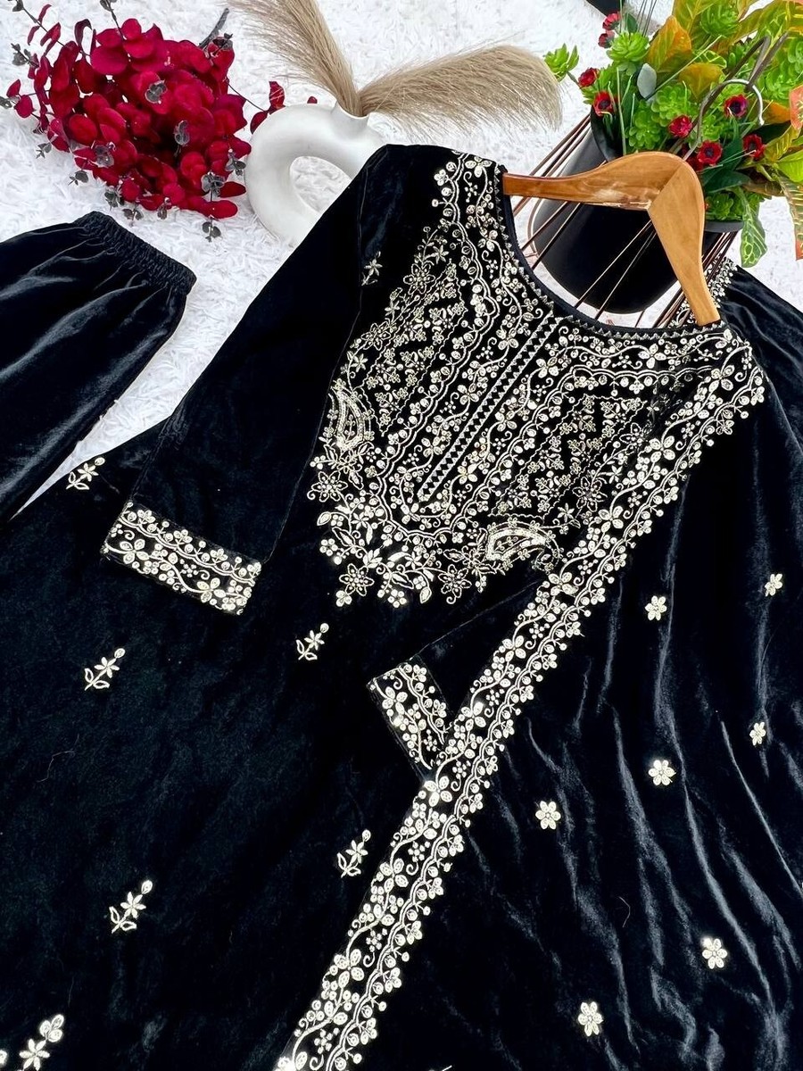Black Velvet Salwar Kameez Readymade Dress salwar suit Pakistani Suit For  EID | eBay