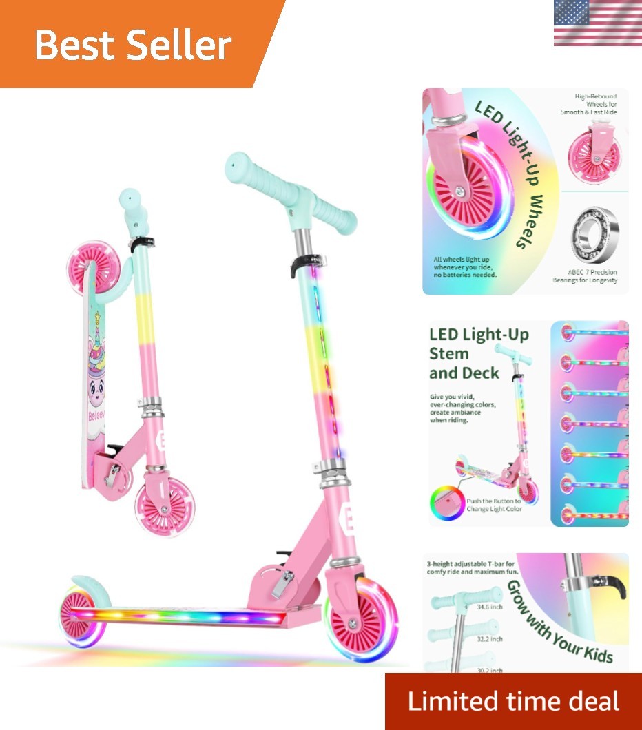 Adjustable 2-Wheel Kids Scooter with Light-Up Wheels - Foldable & Non-Slip Deck