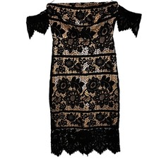 Express Black Lace Off Shoulder Mini Dress Nude Lined Bodycon Cocktail Sz 6