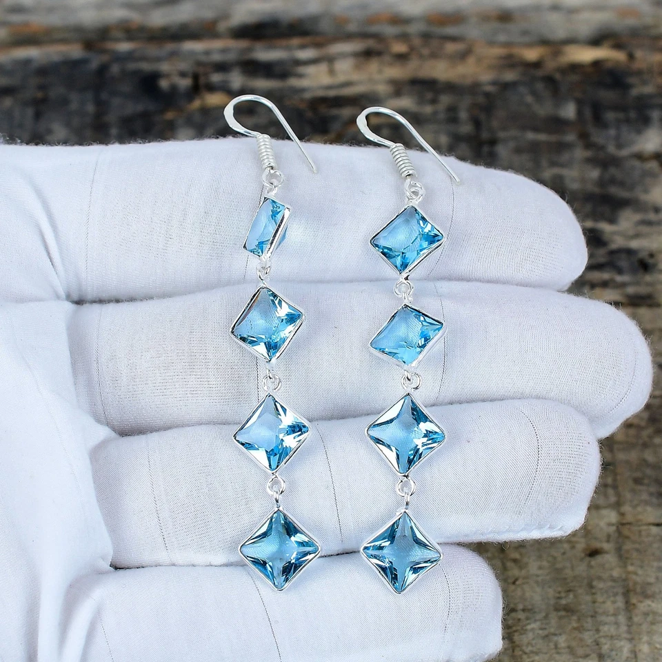 Unico Topazio Blu Gemma 925 Argento Sterling Mano Gioielli Orecchino per Regalo - Immagine 2 di 4