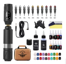 Tuffking Tattoo Pen Gun WIRELESS Machine Kit Power Supply Cartridge Needles Inks
