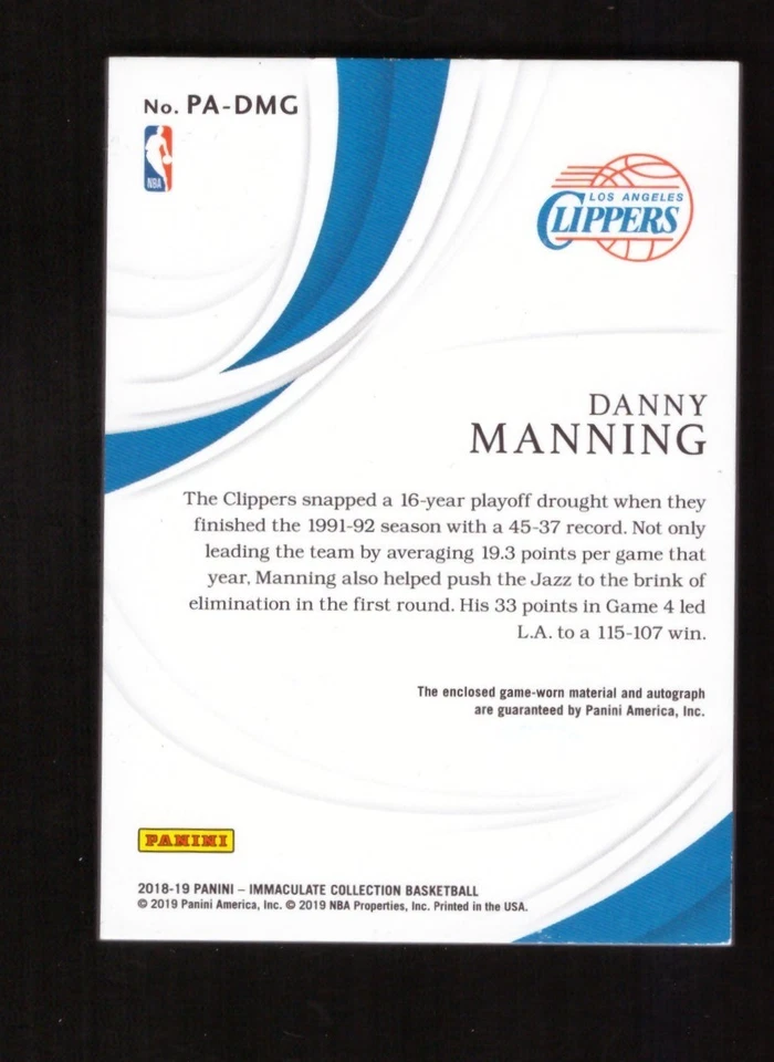 2018-19 Panini Immaculate Danny Manning Jersey Patch Auto 24/60 Clippers - Image 2 of 2