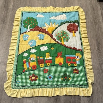 Vintage Thats Our Baby Blanket Quilt Train 38x48  Yellow Green Gingham Ruffle