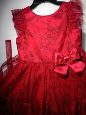 Red Floral Glitter Tulle Sleeveless Girls A-Line Formal Dress with Bow