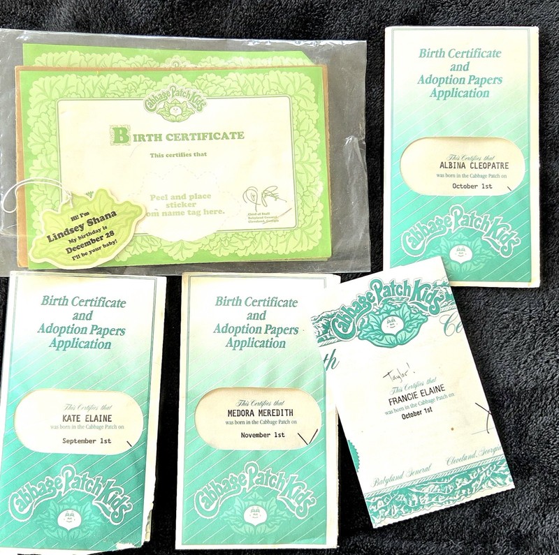 ORIGINAL 1980's  CABBAGE PATCH ADOPTION CERTIFICATES Set of (5)! VINTAGE