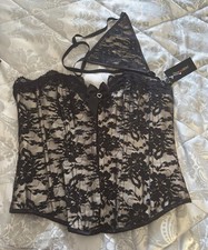Provocative Black Silver Laced Satin Corset Size L/XL, Plus Thong, BNWT