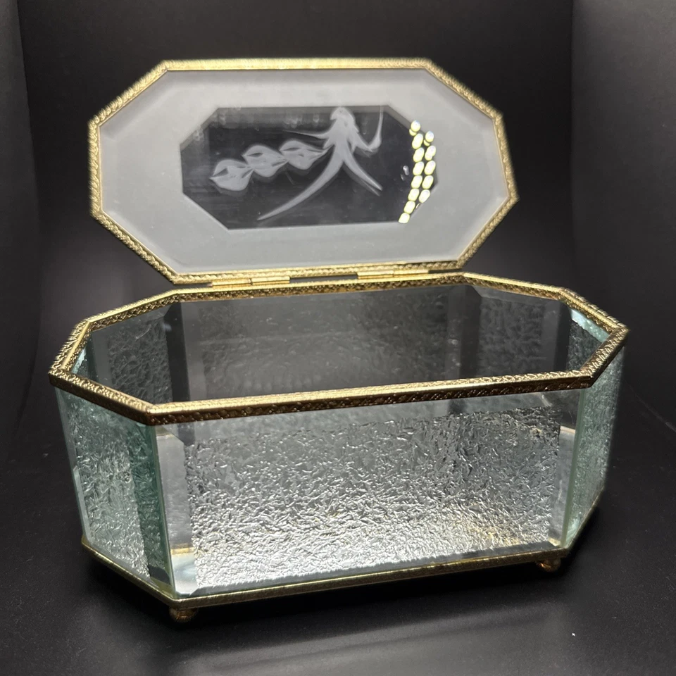 Caja de baratijas de joyería con espejo de vidrio y latón artesanal de colección biselada esmerilada Foto 2 de 4
