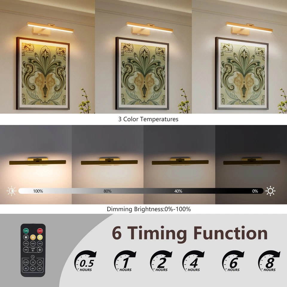 LED Picture Light 3CCT 16" Gold Battery Operated for Wall Sconce Remote 5000mAh - Image 4 of 4