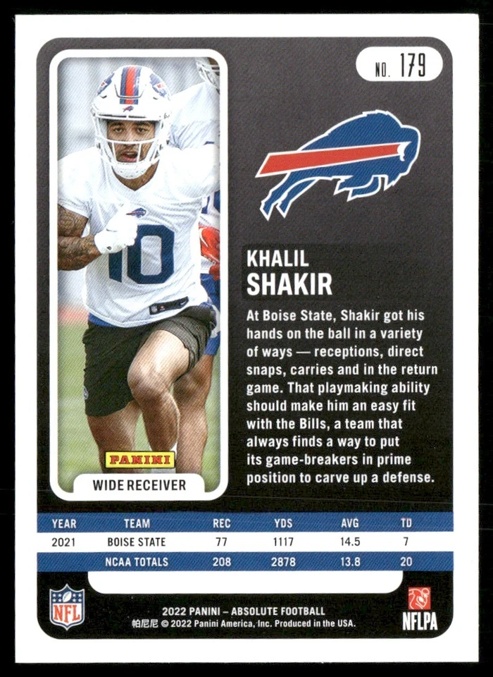2022 PANINI ABSOLUTE KHALIL SHAKIR RC BUFFALO BILLS #179 - Image 2 of 2