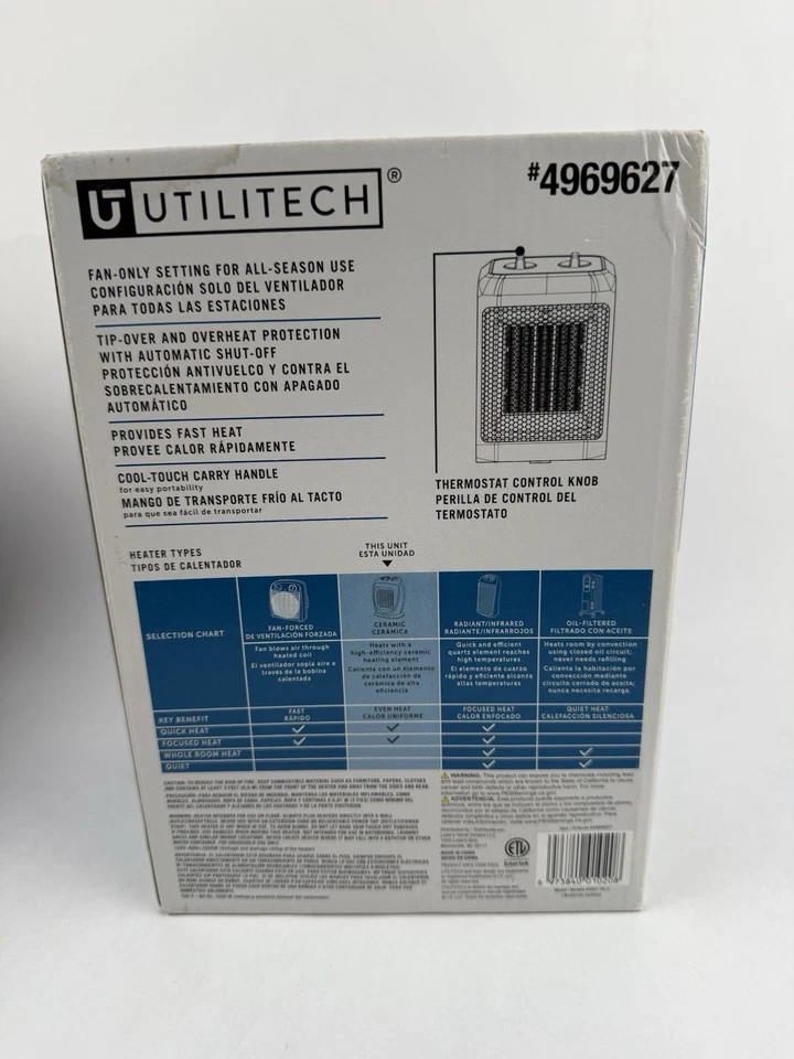 Utilitech Ceramic Heater 100sq Foot 2 Heat Settings W/ Adjustable Thermostat New - Image 4 of 4