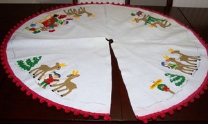 Felt Christmas Tree Skirt with Santa and Elves Handmade 44"
