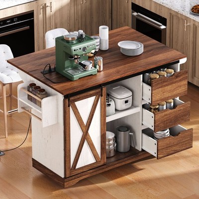 55.5'' Farmhouse Kitchen Island w/Drop Leaf, Kitchen Storage Island w/Barn Door