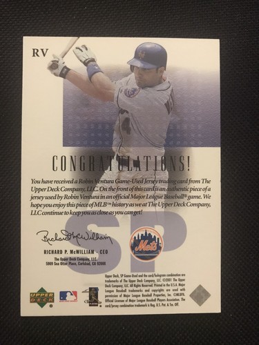 ROBIN VENTURA CERTIFIED AUTHENTIC GAME USED JERSEY CARD NEW YORK METS - Imagen 2 de 2