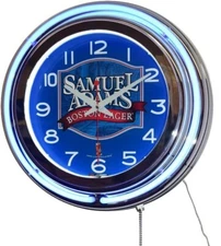 Sam Adams Beer Sign 15" Blue Double Neon Clock Man Cave Garage Game Room