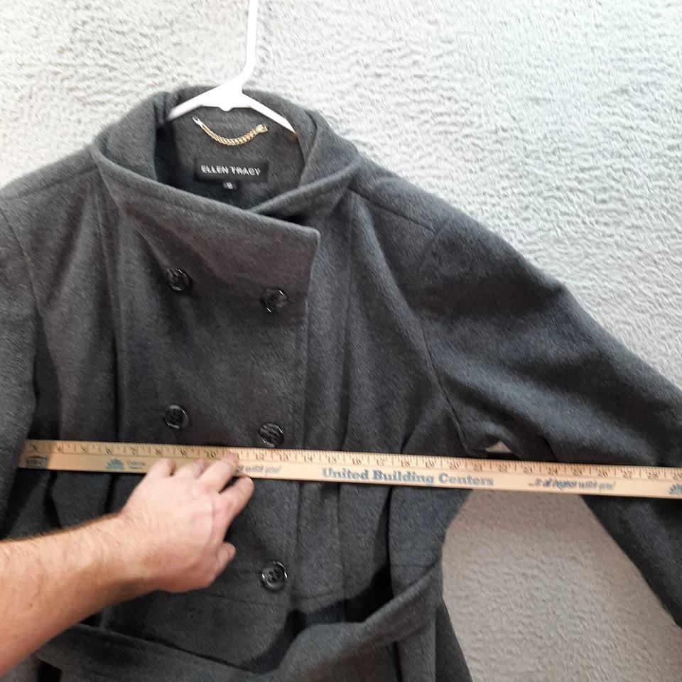 Jaqueta Ellen Tracy Feminina 16 Cinza Casaco de Ervilha Mistura de Lã Peito Duplo Gravata Frontal - Imagem 3 de 4