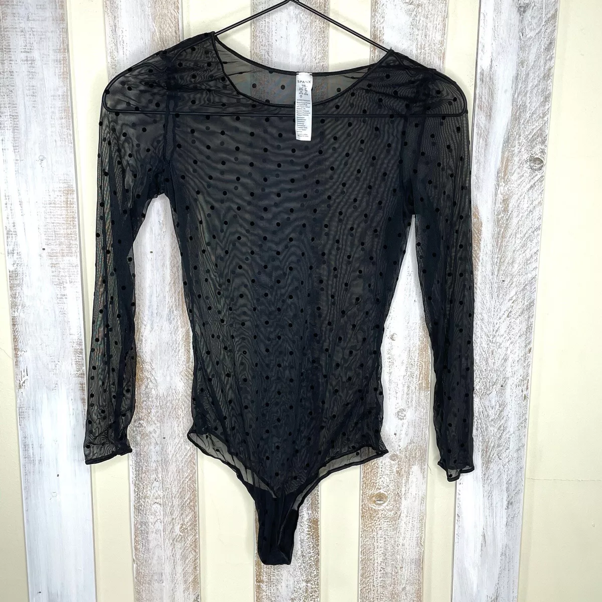 SPANX Sheer Fashion Flocked Black Dot Bodysuit Womens L