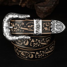 Men Genuine Leather Belt Retro Floral Carved Belt Strap Pin Buckle Western Belts