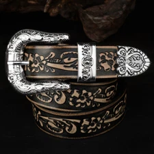 Men Genuine Leather Belt Retro Floral Carved Belt Strap Pin Buckle Western Belts