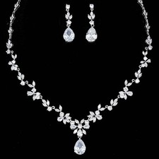 White Gold Plated Zirconia CZ Necklace Earrings Bridal Wedding Jewelry Set 06367