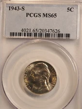 1943 S Jefferson Nickel  PCGS MS65  Superior Luster!-  FREE SHIPPING 7626
