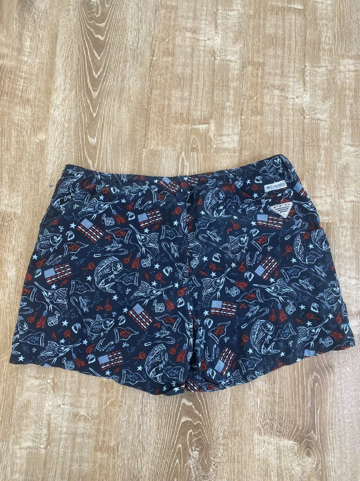 Columbia PFG Pantalones Cortos Hombres XXL Peces Patriótico Rojo Blanco Azul Banderas Forradas Nylon Usado en Excelente Condición Foto 3 de 4