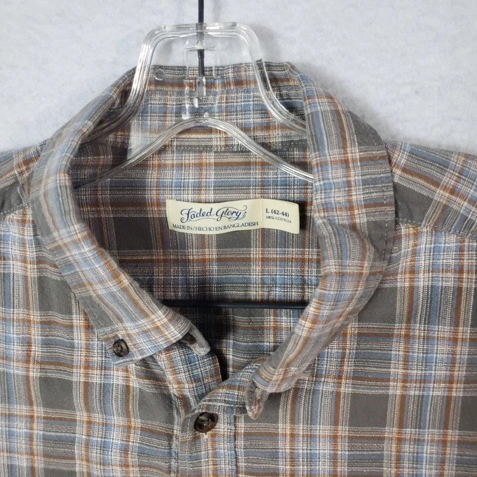 Camisa de vestir vintage descolorida Glory para hombre L grande gris a cuadros manga larga algodón Foto 4 de 4