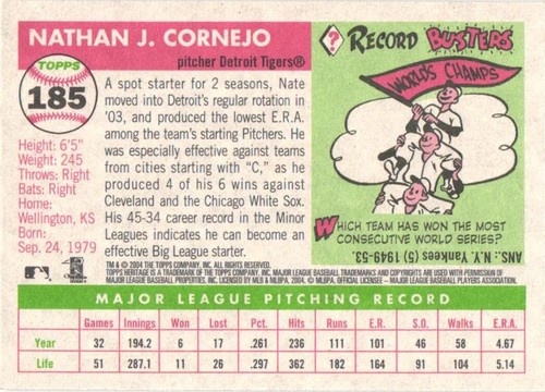 2004 Topps Heritage #185 Nate Cornejo Detroit Tigers Baseball Card - Picture 2 of 2