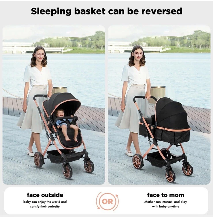 2-in-1 Luxury Bassinet Stroller-Folding Pushchair Baby/Toddler Carriage-Blk/Pink - Image 2 of 4