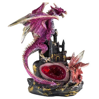Glittery Pink & Red Dragons On Castle With LED Light Up Faux Geode Rock 10'' High