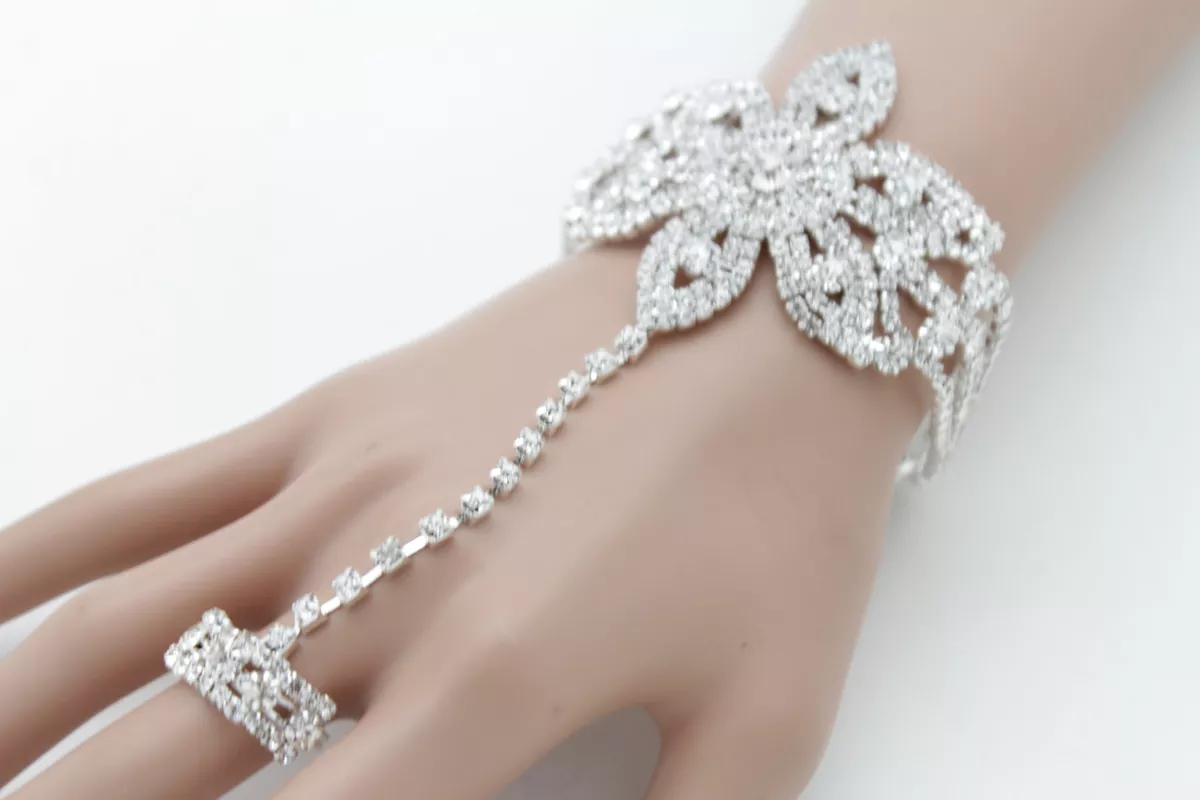 Women Dressy Fashion Fancy Bracelet Silver Metal Hand Chain Bling