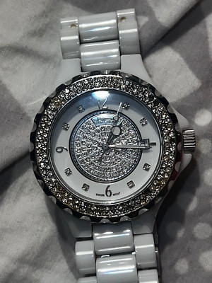 Daniel Steiger Watch Women White Dial Ceramic Band Pave Rhinestones DS 7093 CL