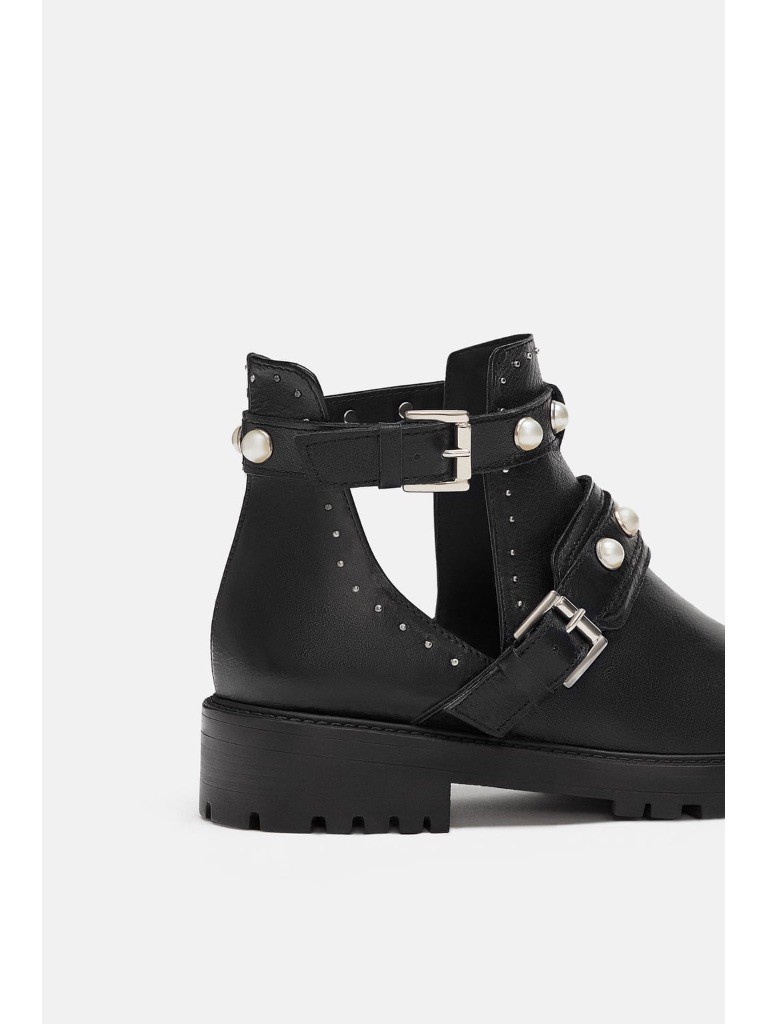 Zara Black Leather Flat Ankle Boots Faux Faux Faux Pearls Cut Out Buckled Straps Uk5,Eur38 59722a Zara Black Leather Flat Ankle Boots Faux Faux Faux Pearls Cut Out Buckled Straps Uk5,Eur38 59722a