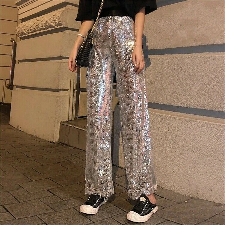 Women Wide Leg Sequins Pants Trousers Silver Club Shiny Party