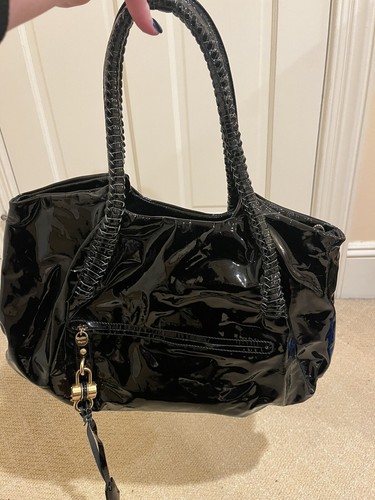 Authentic SALVATORE FERRAGAMO Large Black Patent Leather Tote Bag Gold Hardware