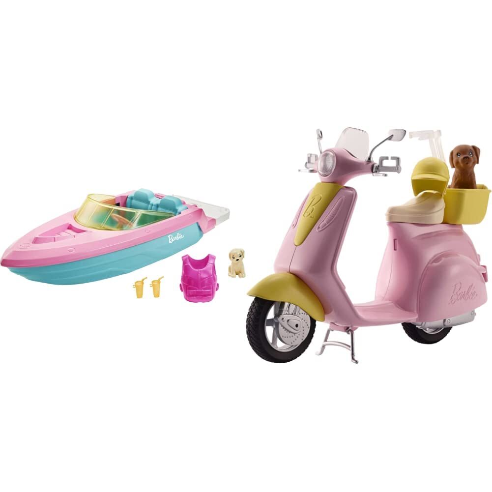 Barbie GRG29 Boat & Mo-Ped with Puppy, Motorbike for Doll, Pink Scooter, Vehicle