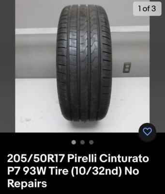 205/50R17 Pirelli Cinturato P7 Plus (10/32)  For 2 Tires, No Repairs, Make Offer