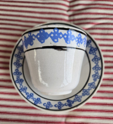 Snowflake Staffordshire English Spongeware Stick Spatter Cup & Saucer Bi-color
