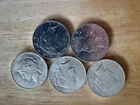 5 1923 Peace Dollars AU or better condition $5 Face 90% Silver Coins