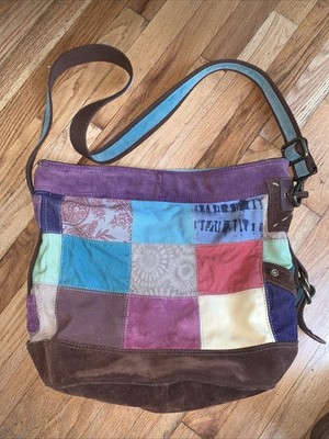 Lucky Brand Vtg Large Suede/Canvas Adjustable Strap Exquisite Patchwork Tote/Bag