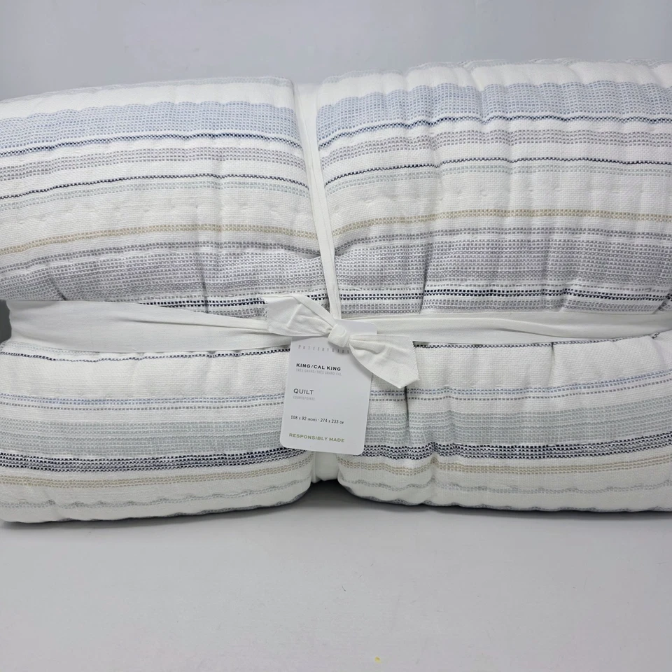 Edredón Pottery Barn Clayton a Rayas KING Nuevo y 2 Fundas Estándar NUEVO Azul Foto 2 de 4