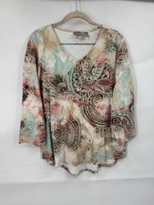 Chicos Paisley Floral Top Women 2/M Neutral Bohemian Artsy Fairy Whimsical Retro