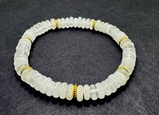 White Quartz Rondelle Beaded Stretch Bracelet 6.5"   6mm Gemstone - Gold Spacers