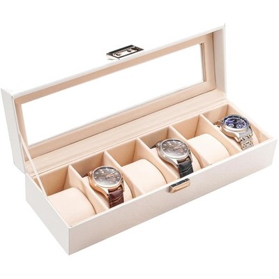 Sophisticated 6-Slot Faux Leather Watch Storage Case - White with Glass Top