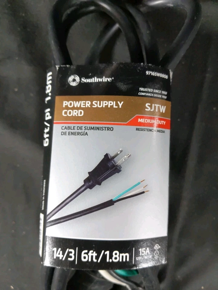 Southwire 14/3 Power Tool Replacement Cord - 6-Foot, Black 15 A 9716SW8808 SJTW - Image 2 of 4