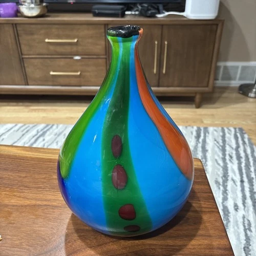 Murano Style Multi colored colorful art Heavy glass vase 12x9