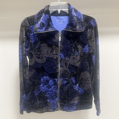 Karen Scott Velour Jacket  Women Size PS Periwinkle Black Floral  Full Zip