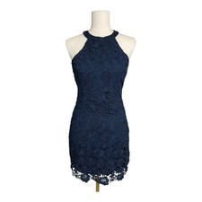 Lulus Dress Cocktail Semi Formal Crochet Lace Navy Blue Small S Knee Length 