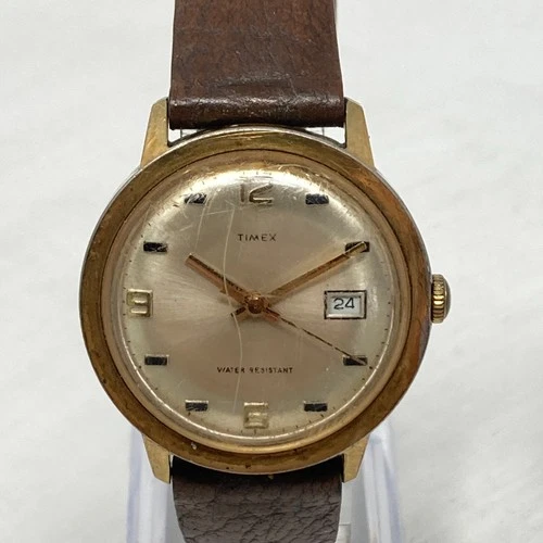 Vintage Timex Marlin Watch Men Gold Tone 34mm Date Leather Manual Wind Up 1972